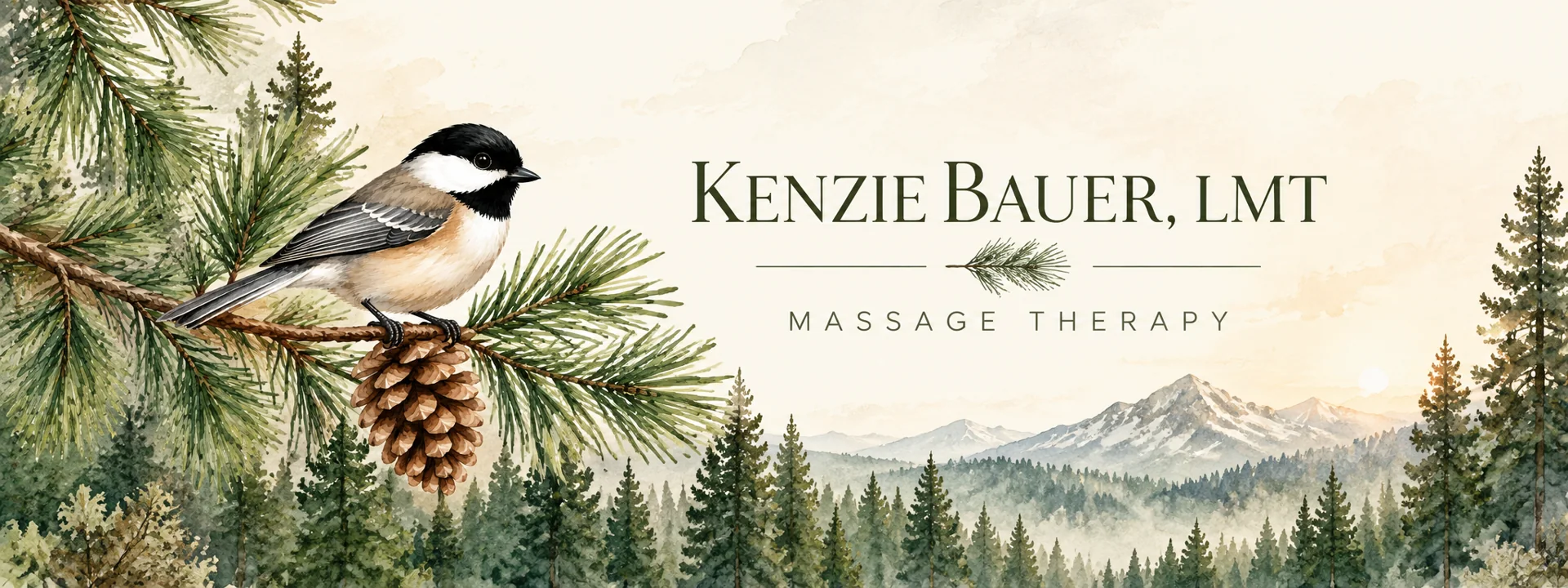 Kenzie Bauer, LMT massage therapy — chickadee and pine forest watercolor banner